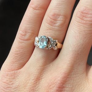 Aquamarine Ring with Gold Band and Rhinestone Xs